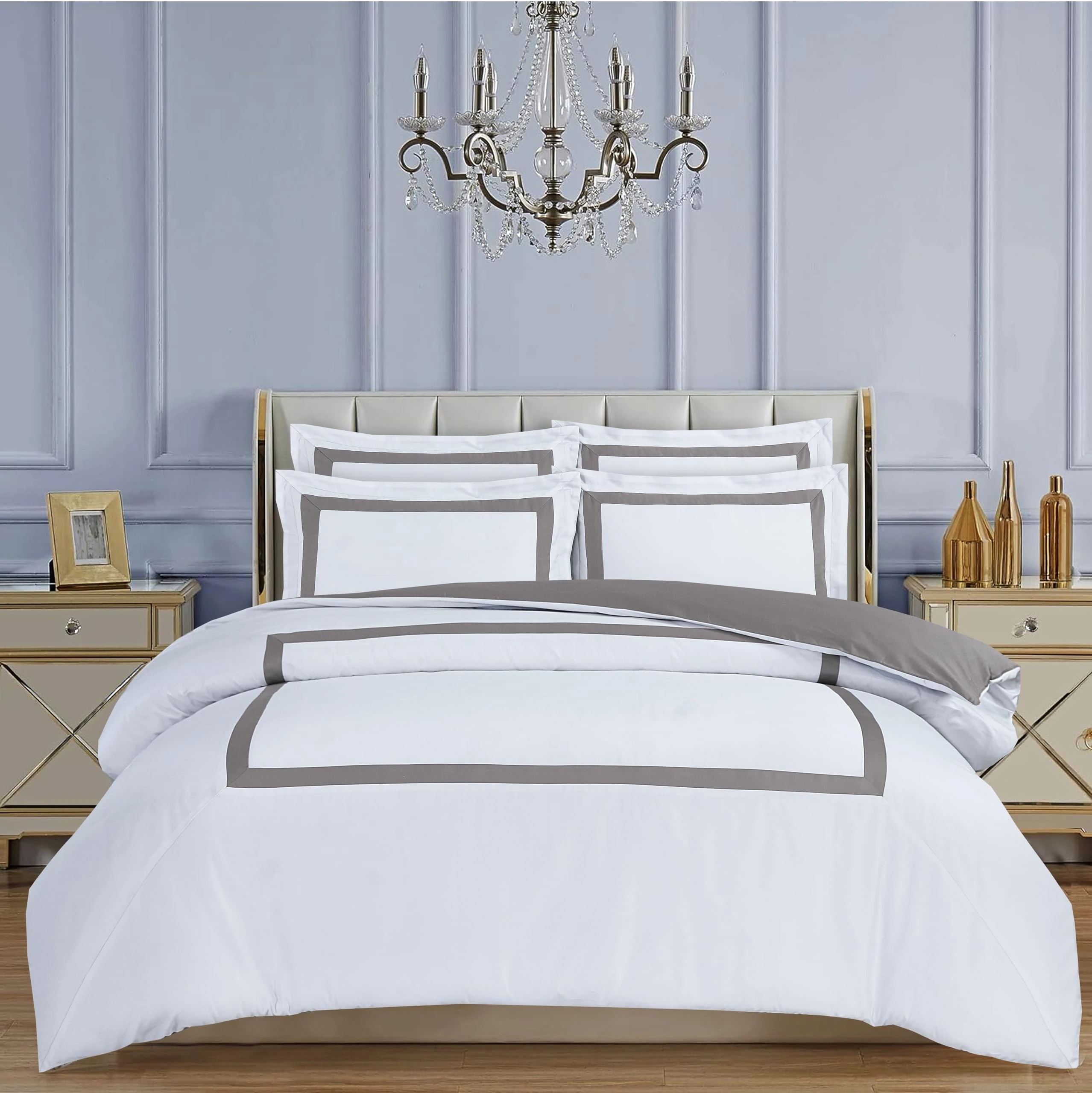 Majestic Giftware Madison Linen 8-Piece 48" Twin Size Bedding Set (BL2-48T-8) | Province Hotel Collection-White-Taupe Tape 400 TC Cotton Sateen | 2 Fitted Sheets, 2 Duvets, 4 Pillowcases