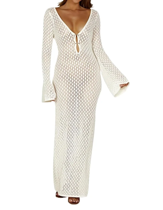 Leoparts Crochet Swimsuit Cover Up for Women Sexy V Neck Hollow Out Backless Maxi Dress Beach Bikini Coverup Dresses, 2402 Off White, Medium