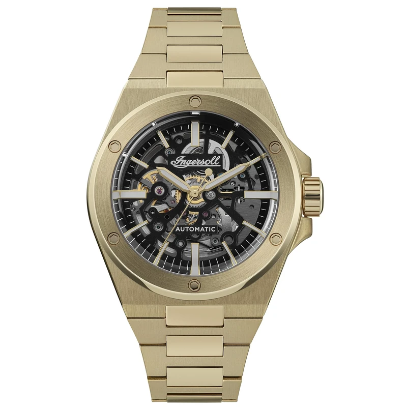 Ingersoll The Baller Mens 45mm Automatic Watch with Black Skeleton Dial and Gold Stainless Steel Bracelet Strap I15001 - Image 1