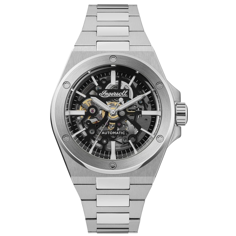 Ingersoll The Baller Mens 45mm Automatic Watch with Black Skeleton Dial and Silver Stainless Steel Strap I15002