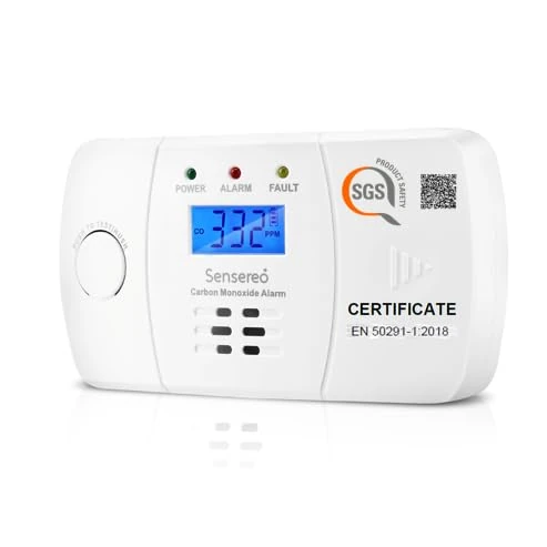 Sensereo Carbon Monoxide Detector by Figaro Sensor, 10-Year Life Carbon Monoxide Alarm for Home Safety, Replaceable AA Batteries Included, CO Detector with LED/LCD Display, BS-EN50291 marked