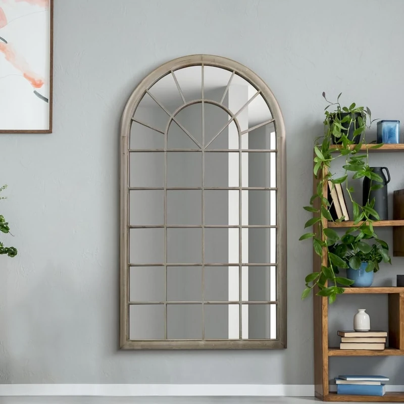 The Somerley - Extra Large Country Rustic Framed Arched Leaner Metal Wall Mirror 63" X 36" (160CM X 91CM) Stone Colour