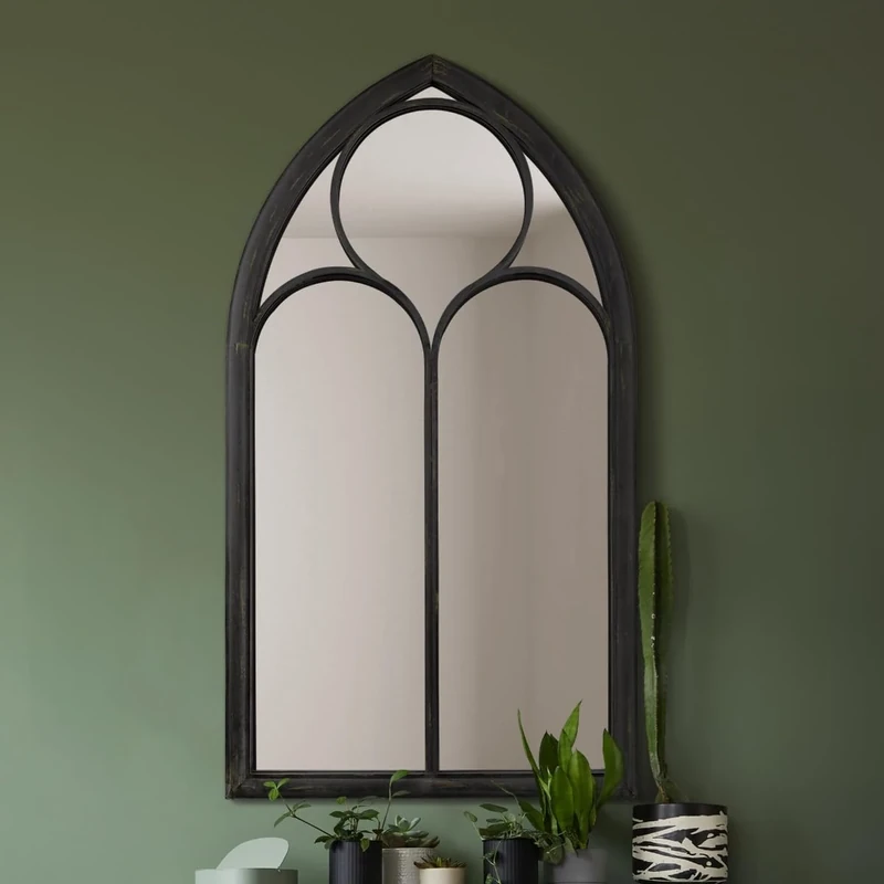 The Somerley - Extra Large Rustic Metal Chapel Arched Decorative Wall or Leaner Mirror Black Colour 60" X 32" (150CM X 81CM)