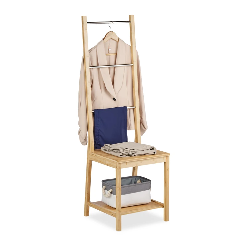 Relaxdays Valet Chair, Clothes Stand, No Wrinkles, Bamboo & Steel, Shirt Hanger, HWD: 133 x 40 x 42 cm, Natural/Silver