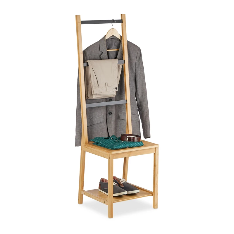 Relaxdays Valet Chair, Clothes Stand, No Wrinkles, Bamboo, Shirt Hanger, Wardrobe, HWD: 133 x 40 x 42 cm, Natural/Black