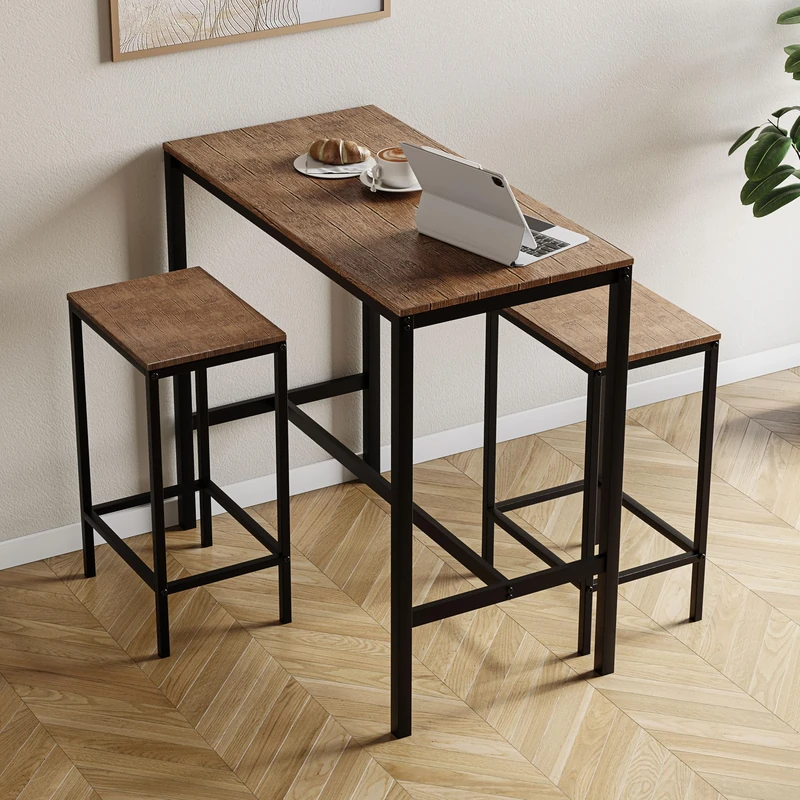 Vida Designs Roslyn 3-Piece Table Set with 2 Stools/Chairs, Compact Design for Dining, Kitchen, Breakfast Bar, Apartment, Balcony, Garden with Industrial Steel Frame, H90xW100xD5 (Dark Wood)