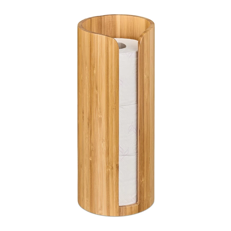 Relaxdays Toilet Paper Holder, Bamboo, for 3 Spare Rolls, Standing Storage Round Cabinet, 33.5 x 14.5 x 14.5 cm, Natural