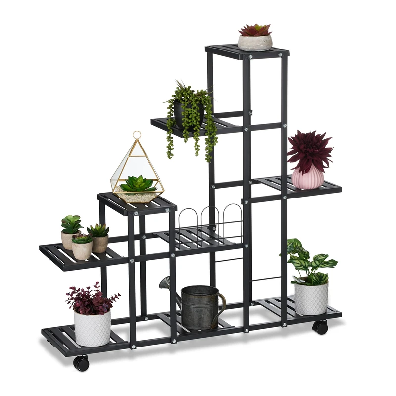 Relaxdays Plant Stand, 9 Shelves, on Wheels, HxWxD: 91.5 x 93 x 26 cm, Metal, Decorative Indoor Flower Display, Black, Steel