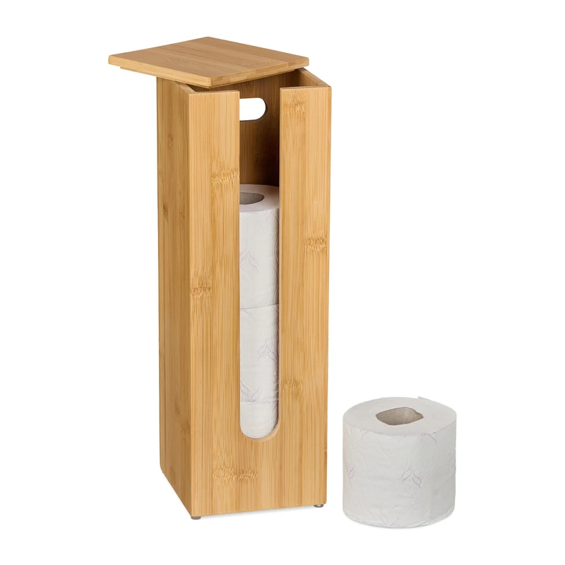 Relaxdays Toilet Paper Holder, Bamboo, for 4 Spare Rolls, for WC, Standing Storage Cabinet, 42 x 13.5 x 13.5 cm, Natural