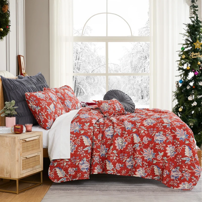 Southshore Fine Living, Inc. Oversized King Quilt Bedding Set 7-Pieces with Quilt, Pillow Shams, Euro Shams, 2 Throw Pillows; Boho Bedding Set with King/California Size Quilt, Jacobean Red Bedspread