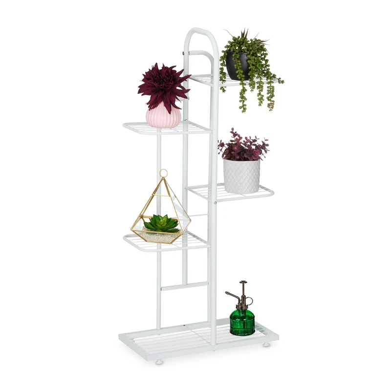 Relaxdays Plant Stand, 5 Levels, for Flower & Herb Pots, HxWxD: 96.5 x 44 x 22 cm, Steel, Indoor Decorative Rack, White - Image 1
