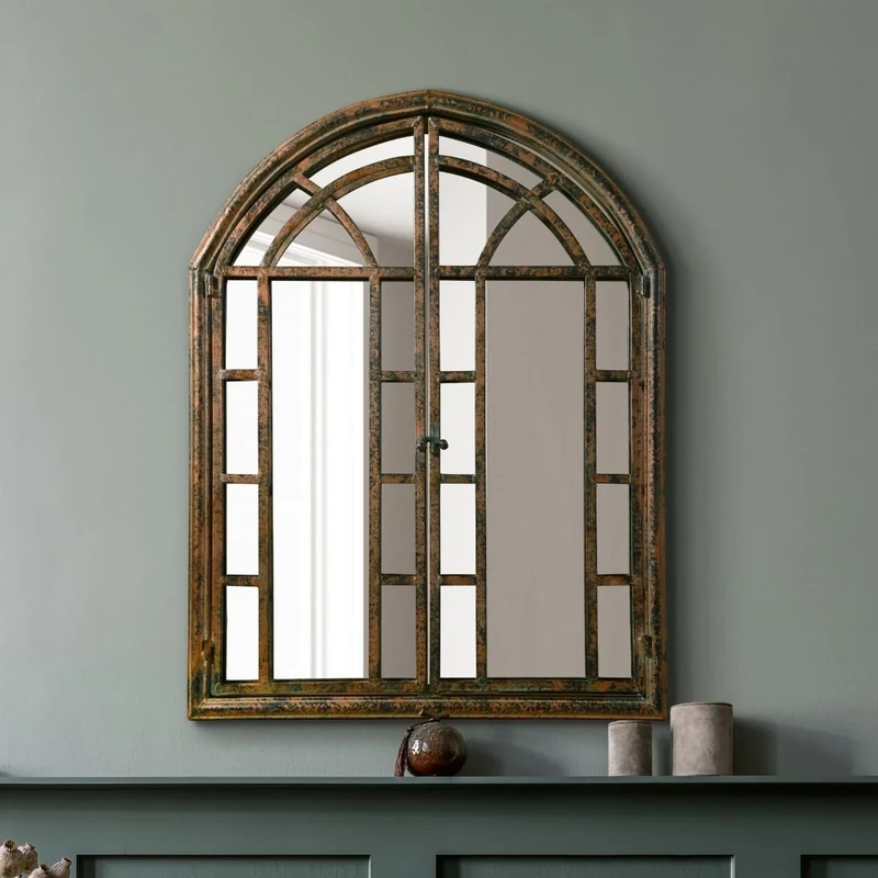 The Kirkby - Dark Metal Rustic Framed Arched Wall Mirror with Opening Doors 43" X 31" (110CM X 78CM max). Closed doors 31" X 24" (78cm X 61cm).