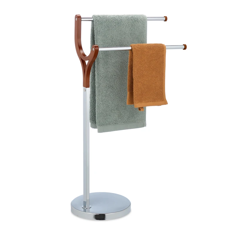 Relaxdays Towel Holder, 2 Bars, Free-Standing, for Hand & Bath Towels, Bathroom Towel Rail, Steel & MDF, Silver/Brown