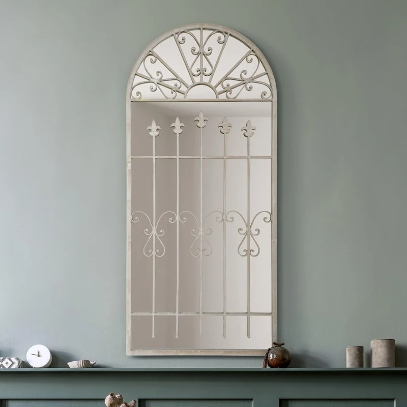 The Somerley - Extra Large Rustic Framed Arched Gothic Window Style Leaner Wall Mirror 55" X 26" (140CM X 65CM) Stone Colour, Beige