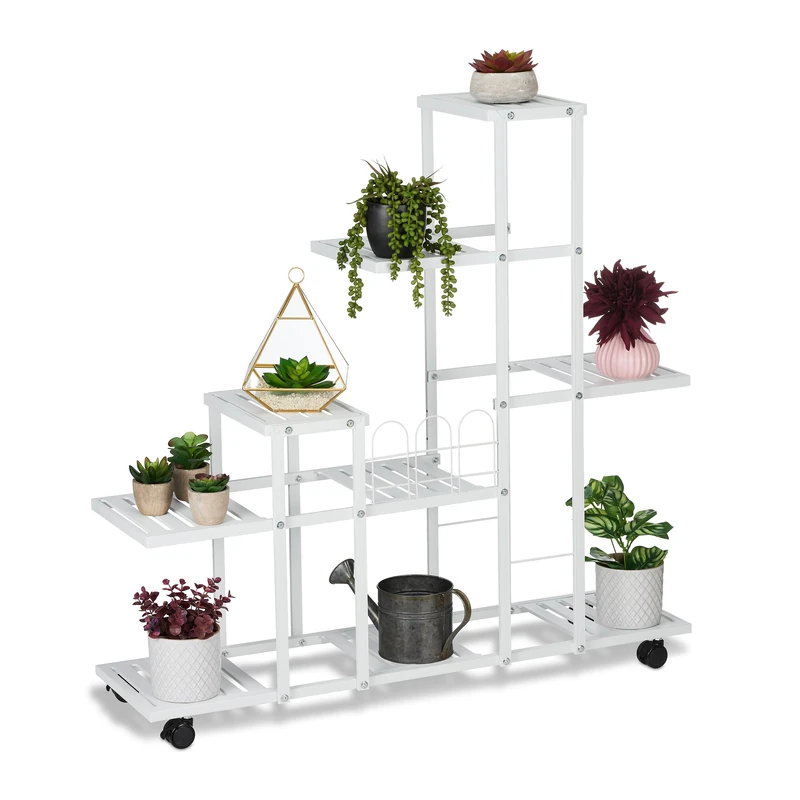 Relaxdays Flower Stand on Wheels, HxWxD: 91.5 x 93 x 26 cm, Metal, 9 Tiered Shelves, Indoor Plant Pot Display, White