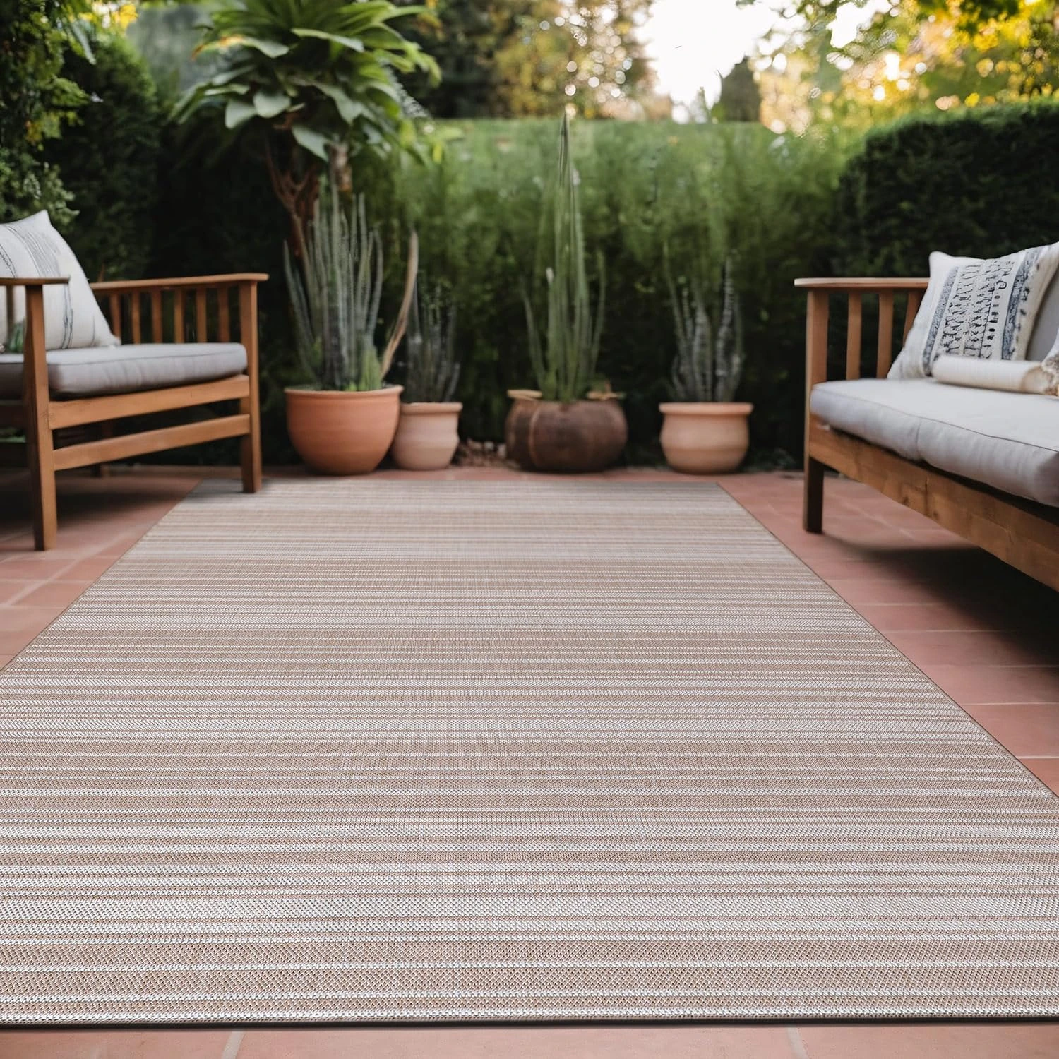 Luul Home Stripe Outdoor Rug 5x7 Washable Outside Carpet for Indoor Patio Porch Waterproof Easy Cleaning Non Shedding Area Rugs Beige 5 x 7