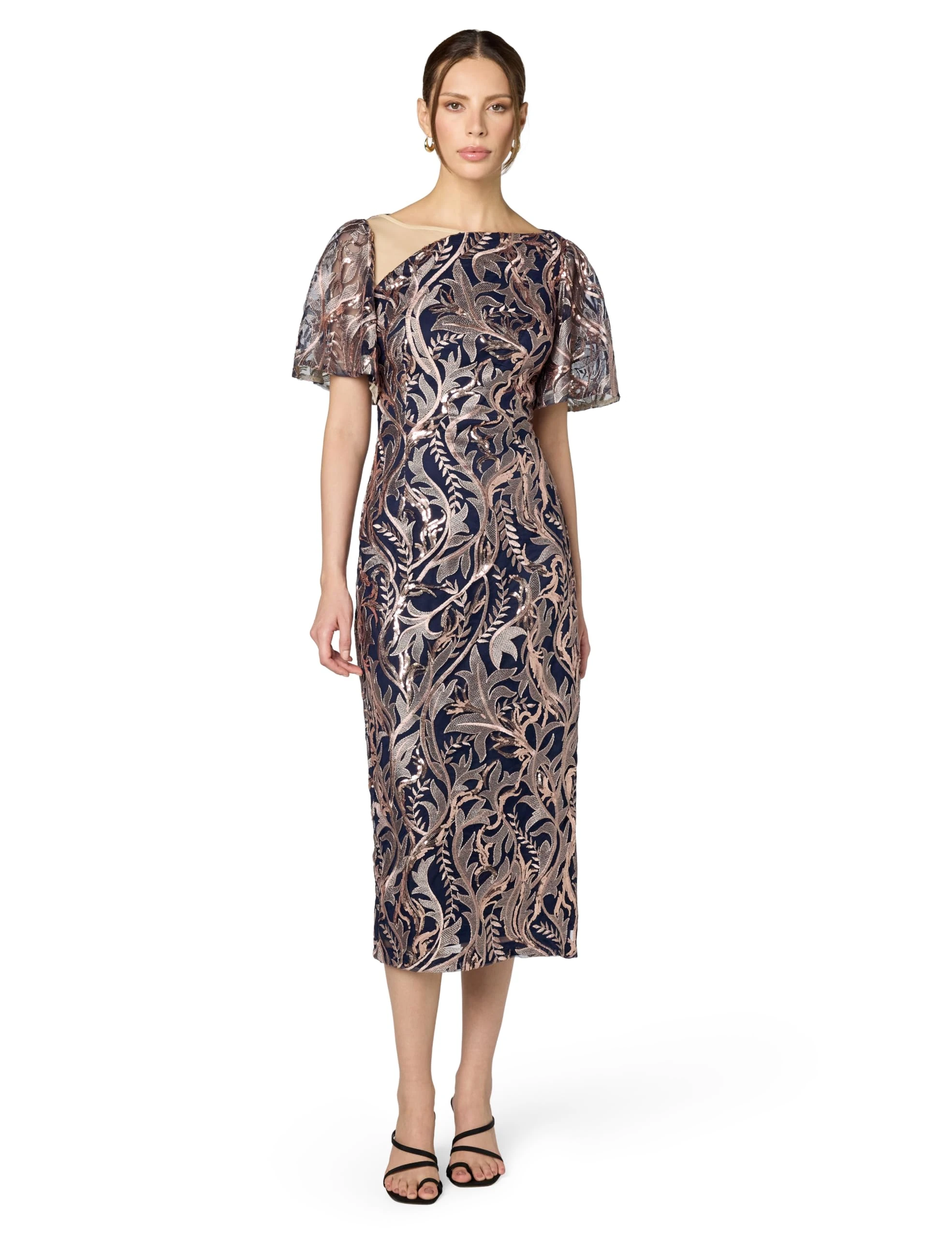 JS Collections Women's Elliot Bateau Neck Gown, Navy Rose Gold, 20