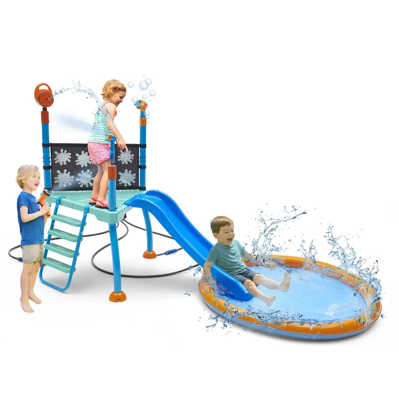 Plum Play Water Splash Station Outdoor Garden Water Play Set with Climbing Frame and Slide with Splash Pad and Sprinklers