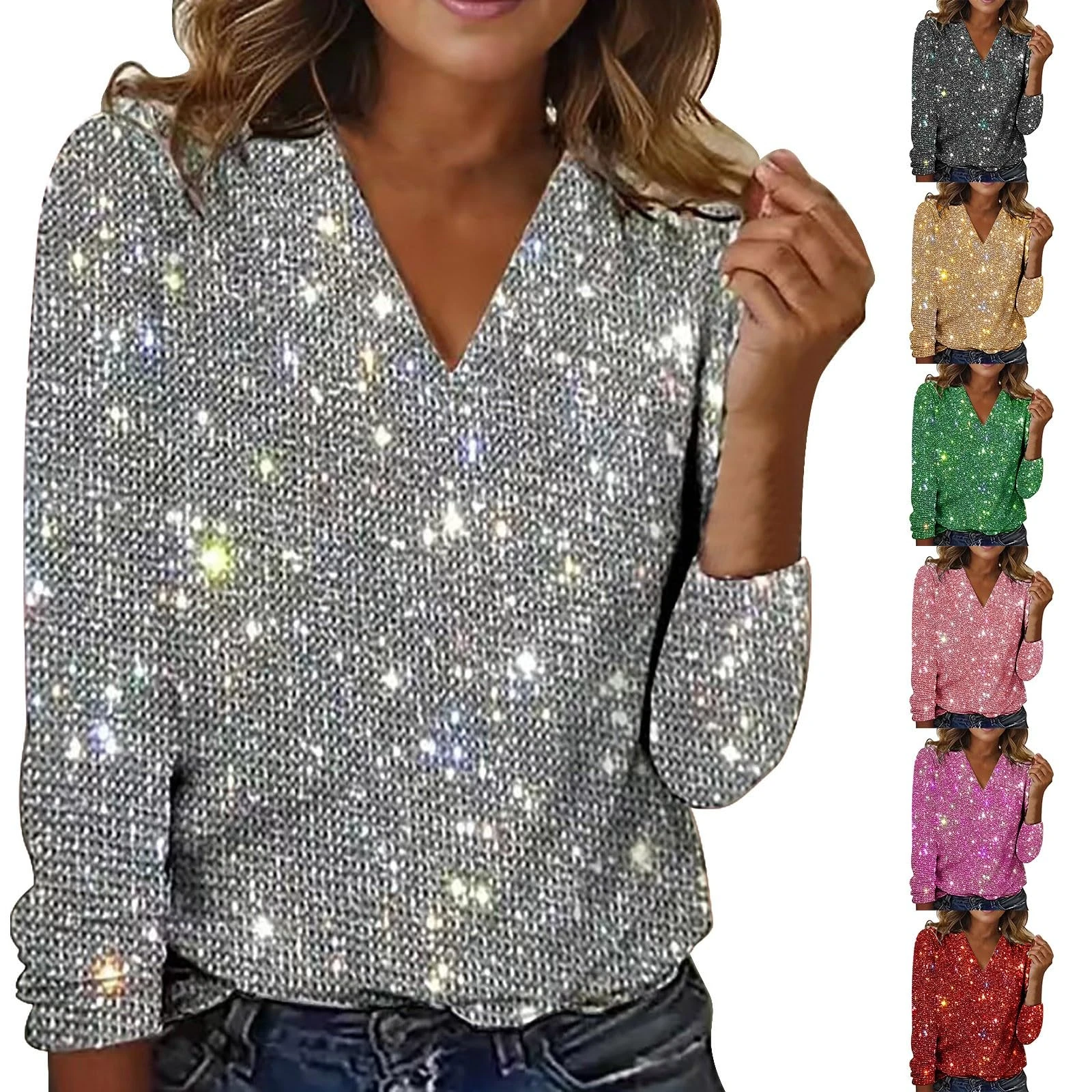 Nidddiv Women's Sequin Tunic Tops V Neck T Shirt Casual Solid Color Jumpers Long Sleeve T-Shirts Loose Ladies Blouses Sparkly Tunic Tops Glitter Tee Shirts Pullover Women UK Elegant Size S-XXL Green