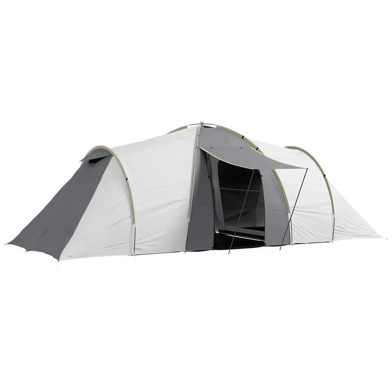 Outsunny 4-6 Man Tunnel Tent with 2 Bedroom, Living Area and Vestibule, Large Camping Tent with Groundsheet, 2000mm Waterproof, UV50+, Portable Bag, for Fishing Hiking Festival, Grey and Yellow