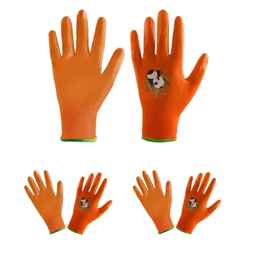 HANDLANDY 3 Pairs Kids Gardening Gloves for Age 2-13, Rubber Coated Toddler Garden Gloves for Childrens Little Girls Boys Youth (Orange, Size 6, Age 11-13)