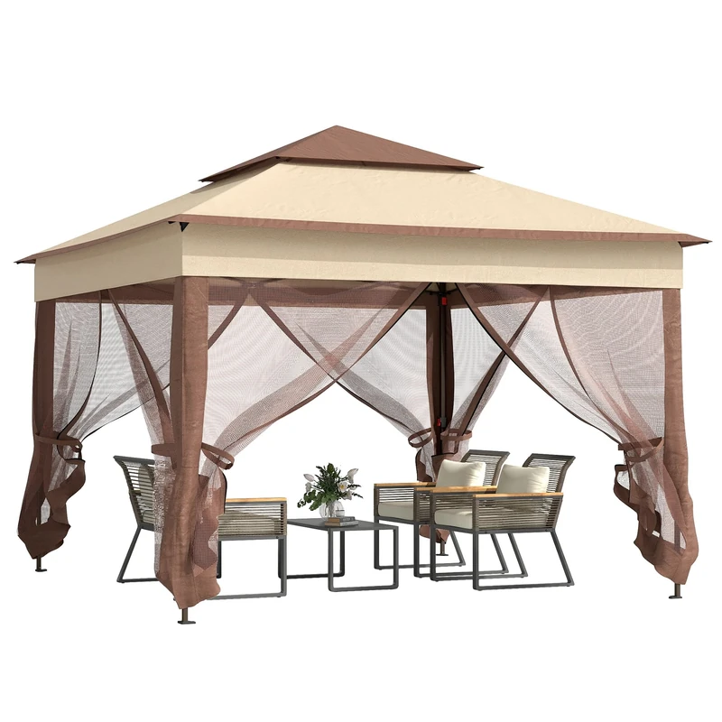 Outsunny 3 x 3(m) Pop Up Gazebo, Double-roof Garden Tent with Netting and Carry Bag, Party Event Shelter for Outdoor Patio, Khaki