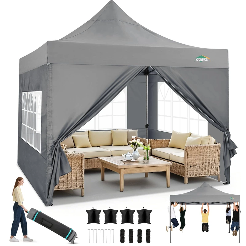 TOOLUCK Folding Gazebo 3 x 3 Gazebo 3 x 3 Waterproof Stable Winterproof 2.0 Outdoor Foldable Garden Gazebo Gazebo UV Protection 50+ 3 Height Adjustable Party Tent with 4 Side Panels and 4 Sandbags,