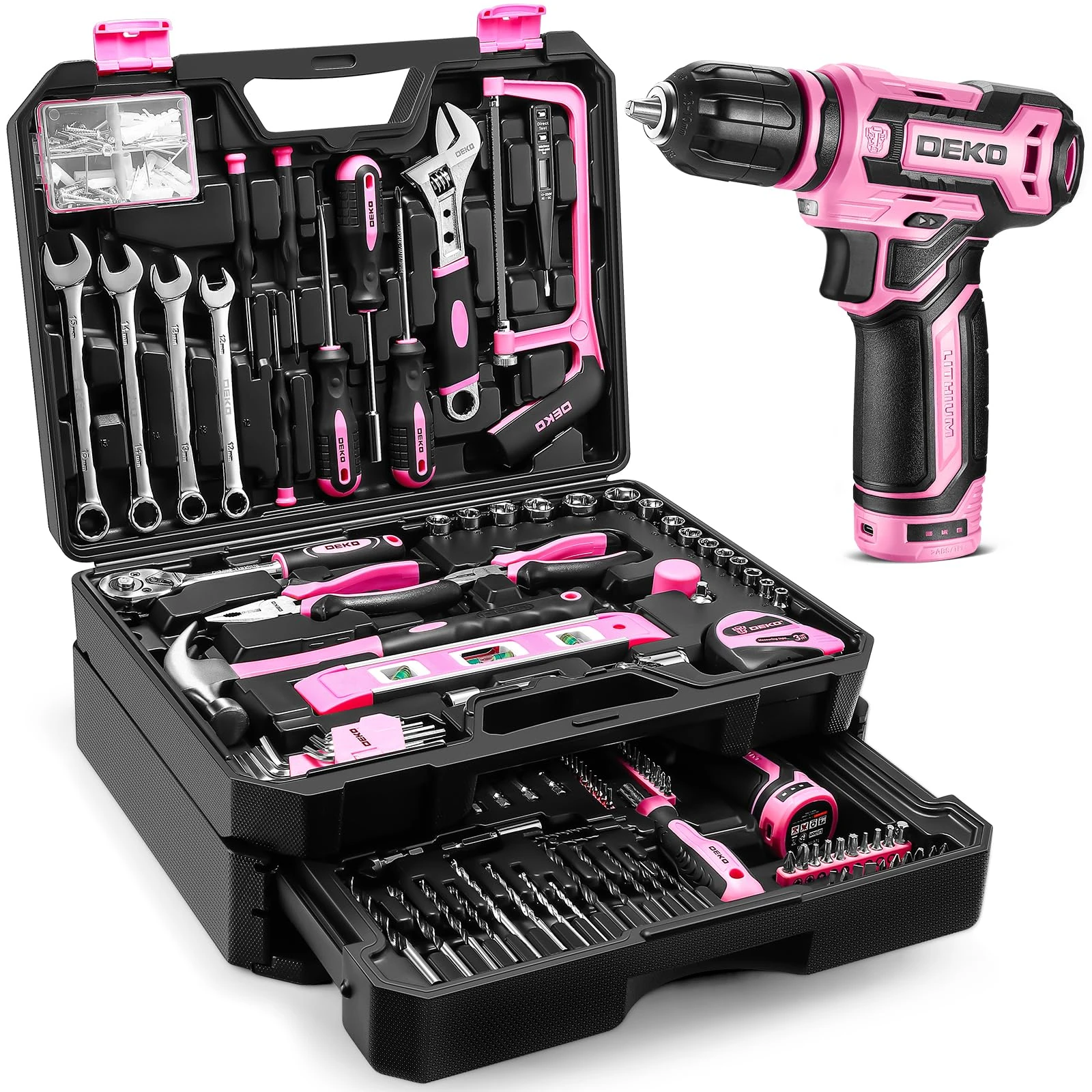 Pink Tool Kit Box Drill Set：DEKO Home Mechanic Toolbox with 12V Power Cordless Drill Hand Repair Tools Sets Combo Kits Storage Organizer Drawer Case for Women