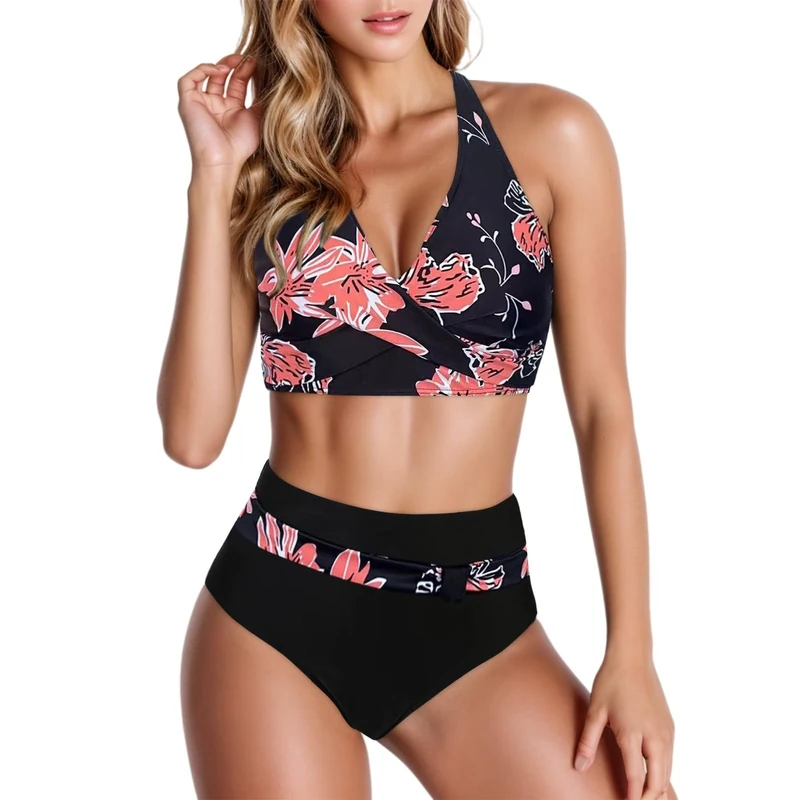 Women's Two Piece Swimsuits Top Bikini High Waisted Bottom Bathing Suits Vintage Print Swimwear Women's Printed/Solid Two Piece Bikini Sports Swimsuit Beach Wear Set (D1-Red, L)
