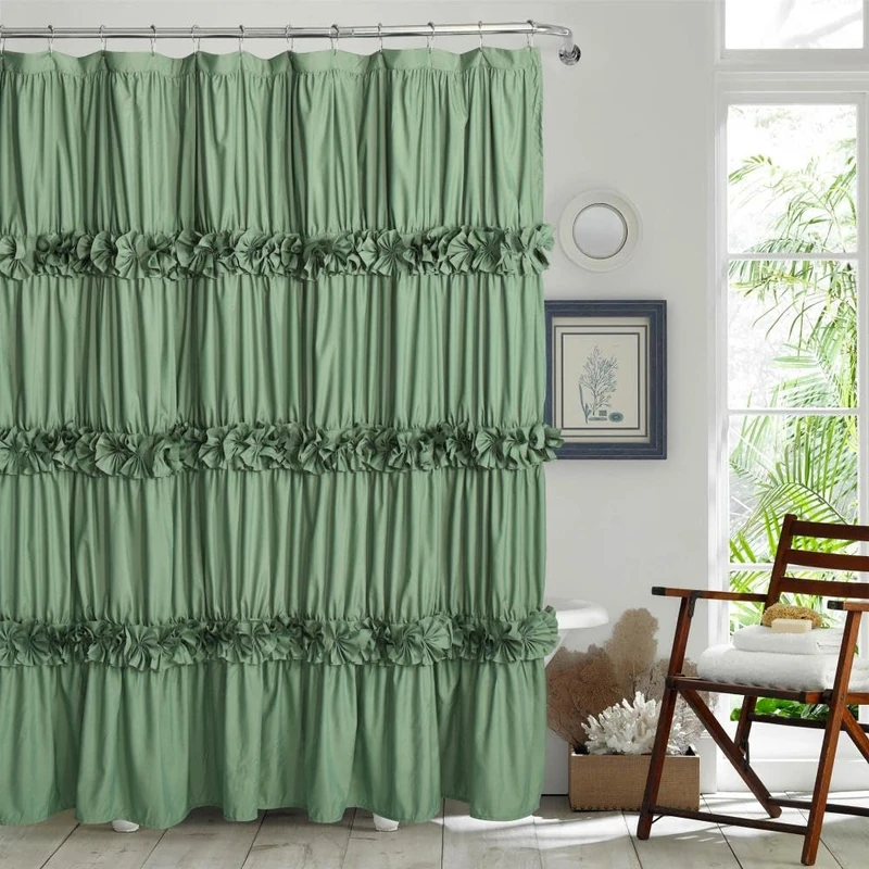 Homechoice Decor Light Green Ruffle Shower Curtain, Vintage Handcrafted Bow Tie Bath Curtain for Master Bathroom, Ruched Microfiber Bathroom Curtain with 12 Buttonholes, 72" W x 72" H (LQ-10)
