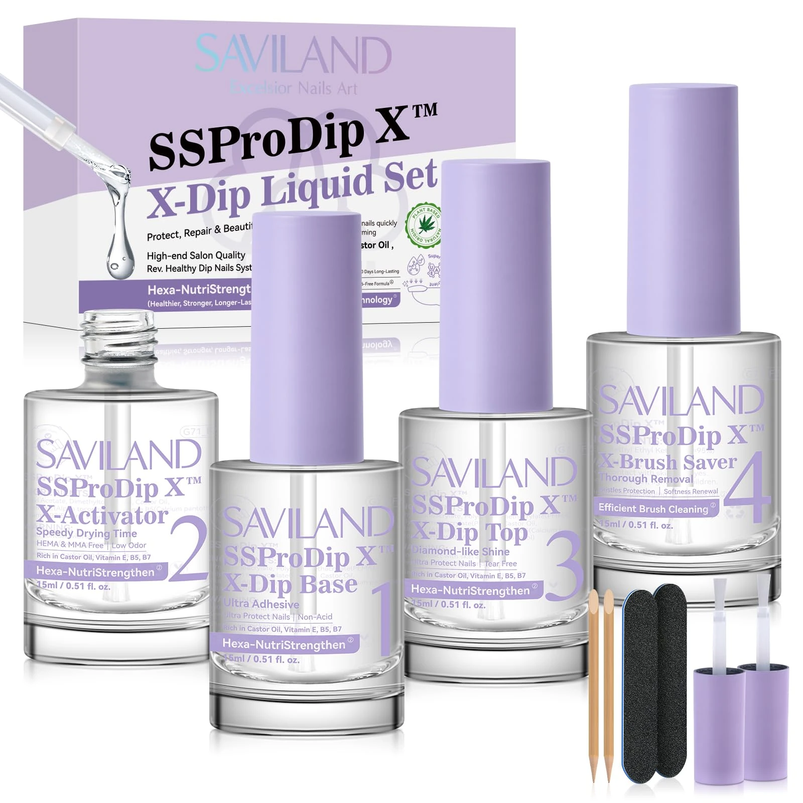 SAVILAND Dip Powder Liquid Set: 15ml Nail Kit With Base Top Activator, Brush Saver, Castor Oil, VE, VB5, VB7 for DIY Salon Art