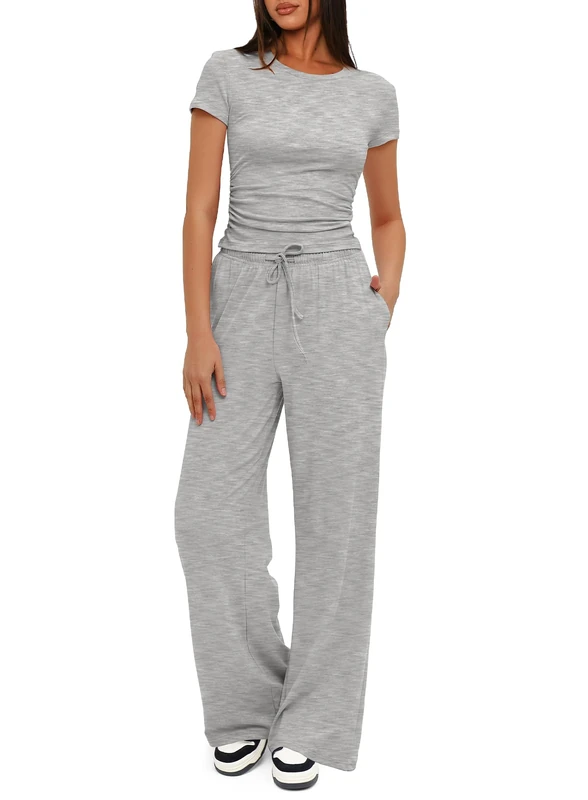 Darong Women's 2 Piece Outfits Lounge Sets Ruched Short Sleeve Tops and High Waisted Wide Leg Pants Tracksuit Sets, Athletic Grey, M