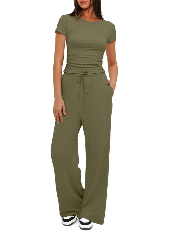 Darong Women's 2 Piece Outfits Lounge Sets Ruched Short Sleeve Tops and High Waisted Wide Leg Pants Tracksuit Sets, Army Green（29" Inseam）, XS