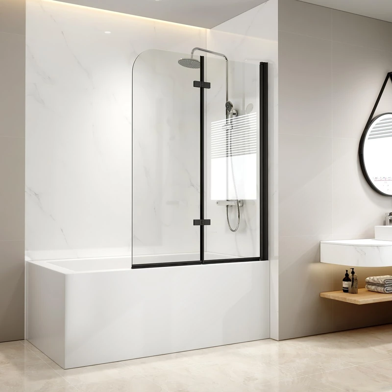 EMKE Shower Screen for Bathtub, 120 x 140 cm, Black, 2-Piece Foldable, 6 mm Safety Glass Bath Attachment - Image 1