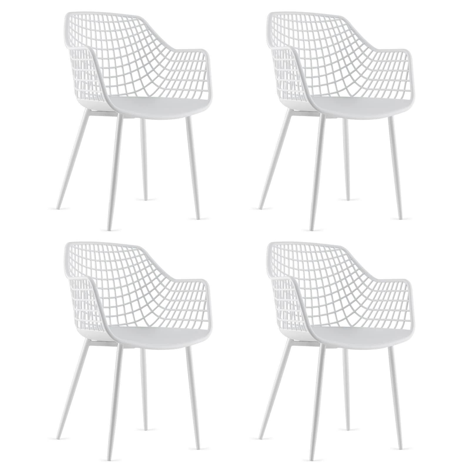 COSTWAY Dining Chairs Set of 4, Modern Kitchen Chairs with Airy Hollow Backrest, Metal Legs & Anti-slip Foot Pads, Accent Side Chair for Living Dining Room (White)