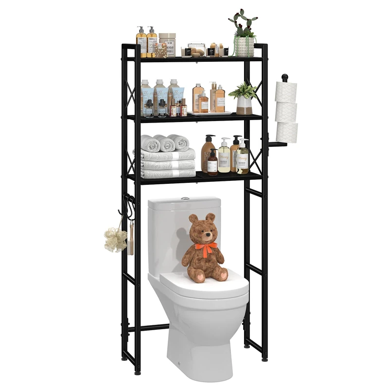 Simple Trending Over The Toilet Storage Rack with Toilet Paper Holder, Heavy Duty Metal 3 Tier Bathroom Organizer Shelf with 3 Hooks,Black