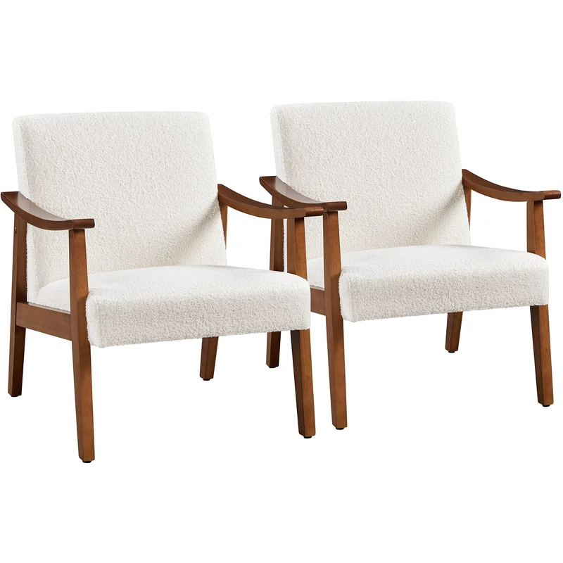 Yaheetech Armchair Boucle Fabric Accent Chair Retro Lounge Chair with Rubber Wood Legs Comfy Seat/Backrest for Living Room Bedroom Dining Room Ivory 2PCS