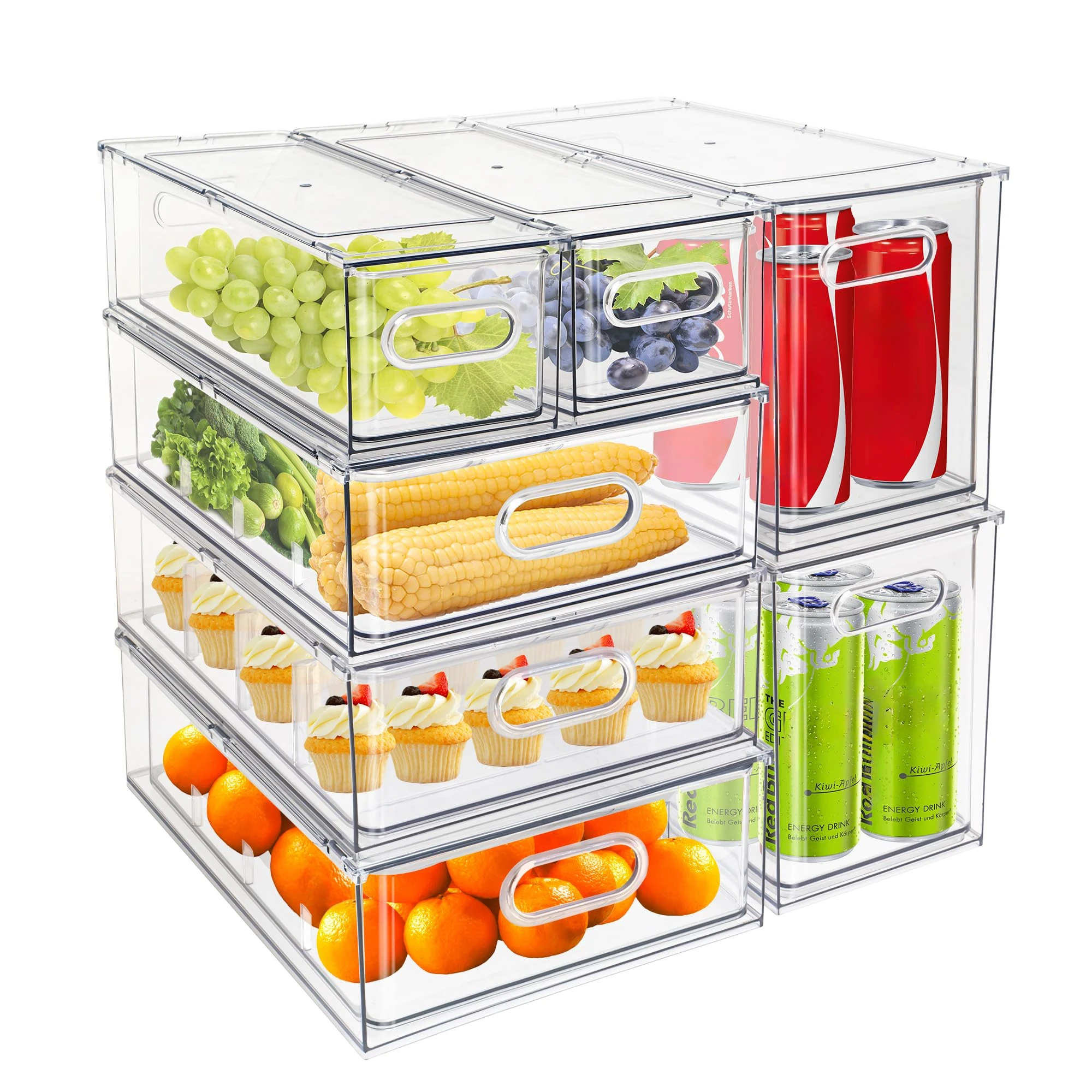 MineSign Pack of 7 Stackable Refrigerator Storage Boxes Fruit and Vegetable Storage Drawers, Clear Containers with Handle and Split Organization for