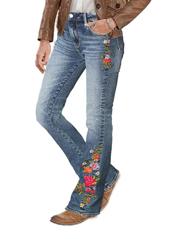 Flamingals Women's Floral Embroidery Mid Waist High Stretch Bootcut Jeans with Pockets, Sky Mid Blue, XL