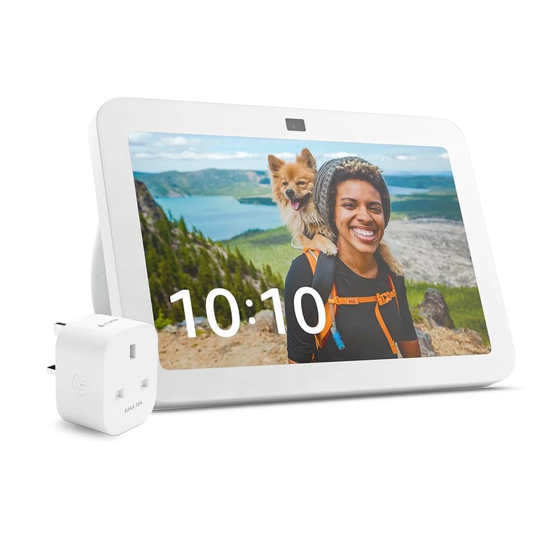 Echo Show 8 (3rd Gen, 2023 release) | Glacier White + Meross Matter Smart Plug, Works with Alexa - Smart Home Starter Kit