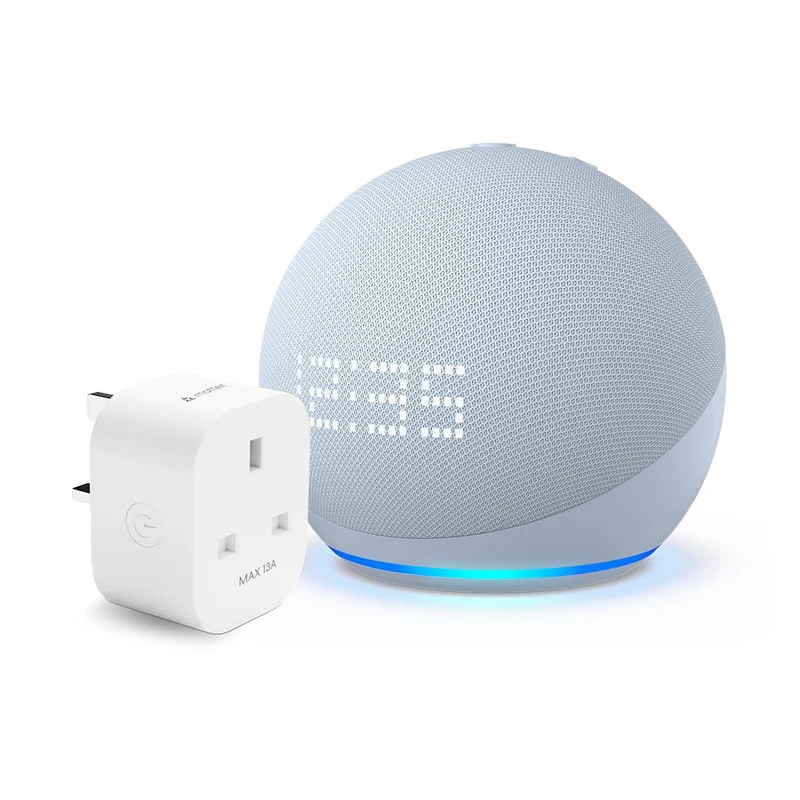 Echo Dot with clock (5th generation, 2022 release) | Cloud Blue + Meross Matter Smart Plug, Works with Alexa - Smart Home Starter Kit