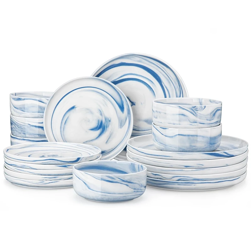 MALACASA 18 Piece Dinner Set, Luna Marble Blue Porcelain Plates and Bowls Sets for 6, Chip Resistant Dinnerware Tableware, Dishwasher & Microwave Safe