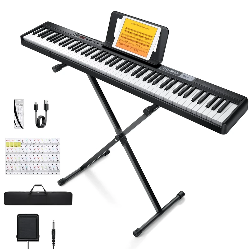 Donner Piano Keyboard 88 Keys, Beginner Digital Keyboard Piano Velocity-Sensitive Keys, Portable Electric Piano with Stand, Sustain Pedal, Carrying Case and Keyboard Stickers, DEP-1