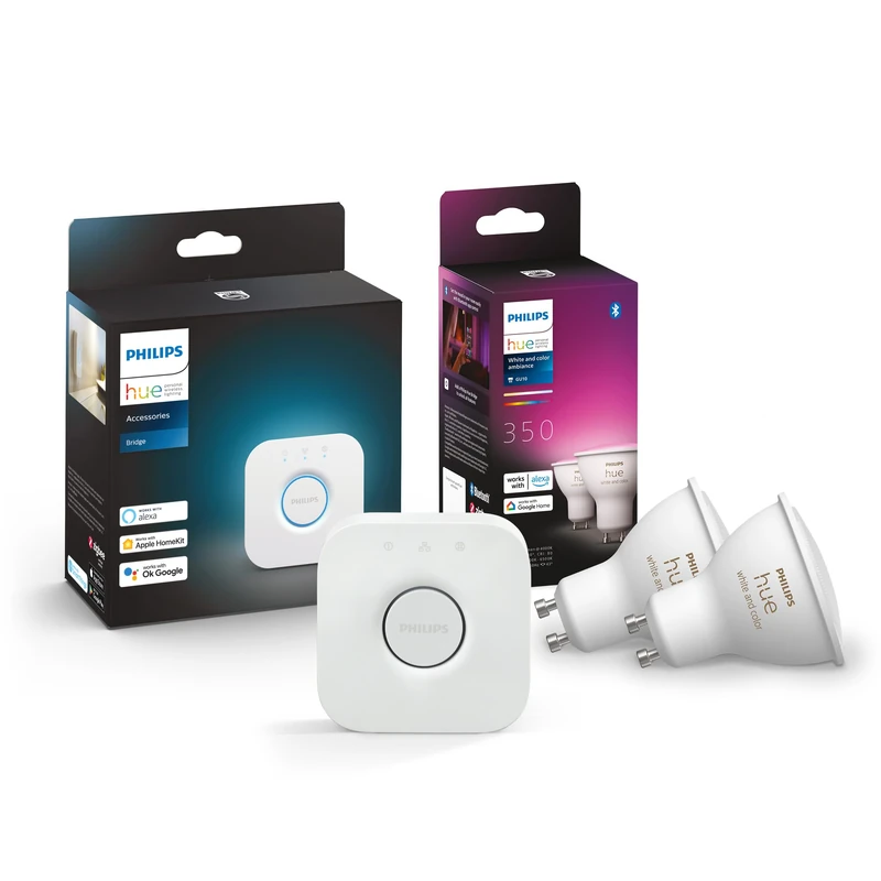 Philips Hue Starterkit White and Colour Ambience 2 Pack GU10 Bulbs and Bridge