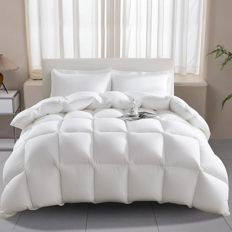 Wellos Luxury 100% Cotton Goose Feather Down Comforter Queen Size Duvet Insert - 1000TC Cotton 750+ Fill-Power All Season White Duvets + 8 Corner Tabs + Extra Fluffy 3D Baffle Box - Queen 90 X 90”