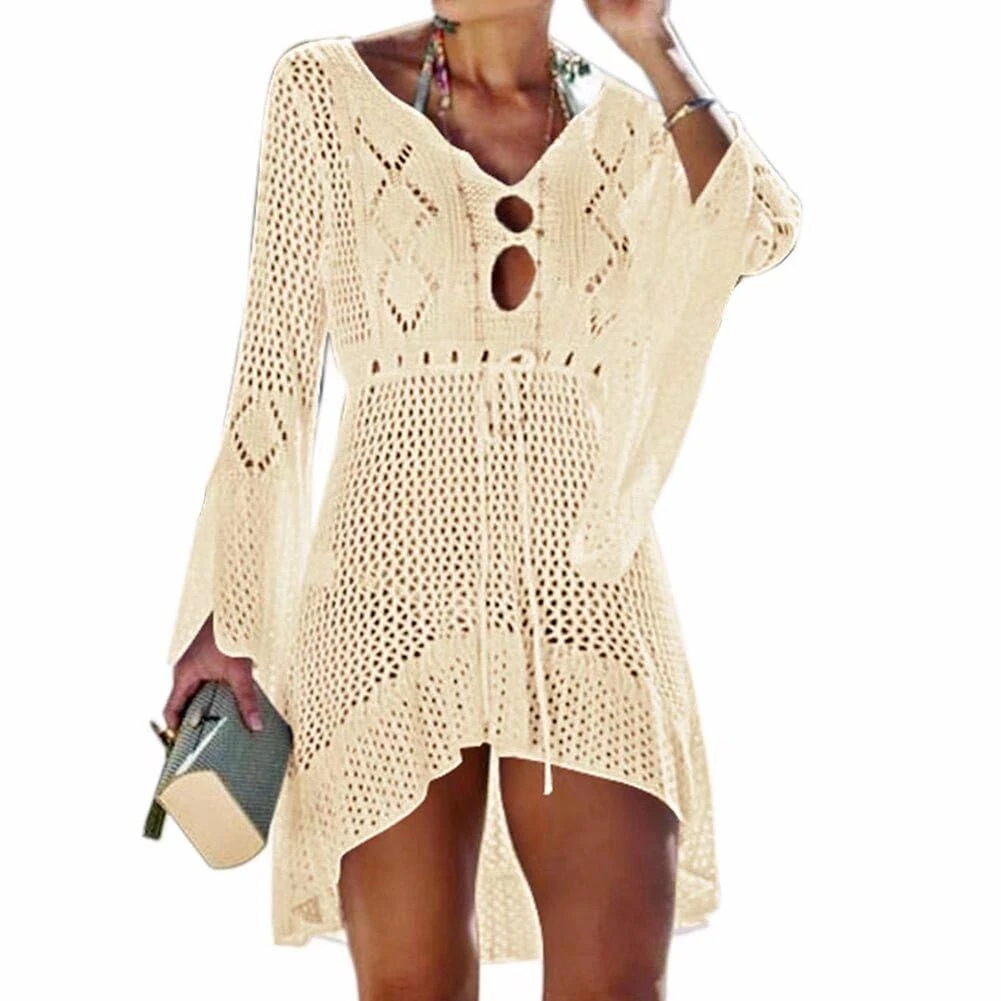 Jinsha Women's Swimsuitwear-Fashion Sexy-Bikini Bathing-Beachwear Cover-Ups - Sarongs Suit Hollow Crochet Dress Skirt Short Tops Blouse Tunic Open Front Lightweight Casual Cover Up Summer Women Beige