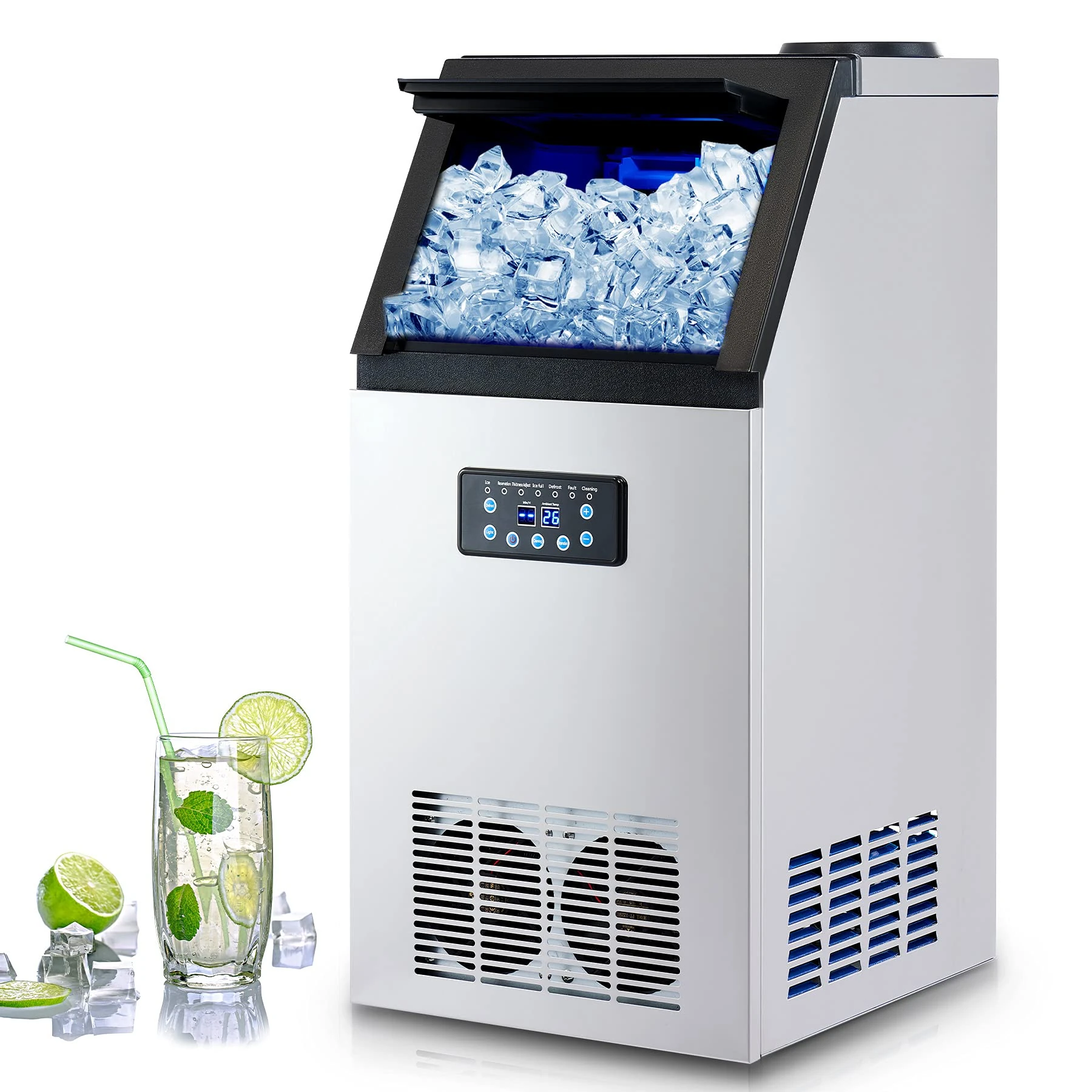 CREWORKS Commercial Ice Machine, Industrial Ice Maker Machine, Freestanding Stainless Steel Ice Cube Machine with 10kg Ice Storage Capacity for Bar Home Supermarkets（72.5kg/24h 45 Ice Cubes）