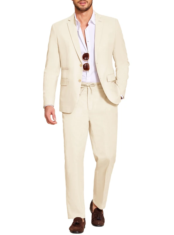 Coofandy Men's 2 Piece Linen Suits Set Regular Fit Casual Lightweight Blazer Jacket and Pants, Beige, 3XL