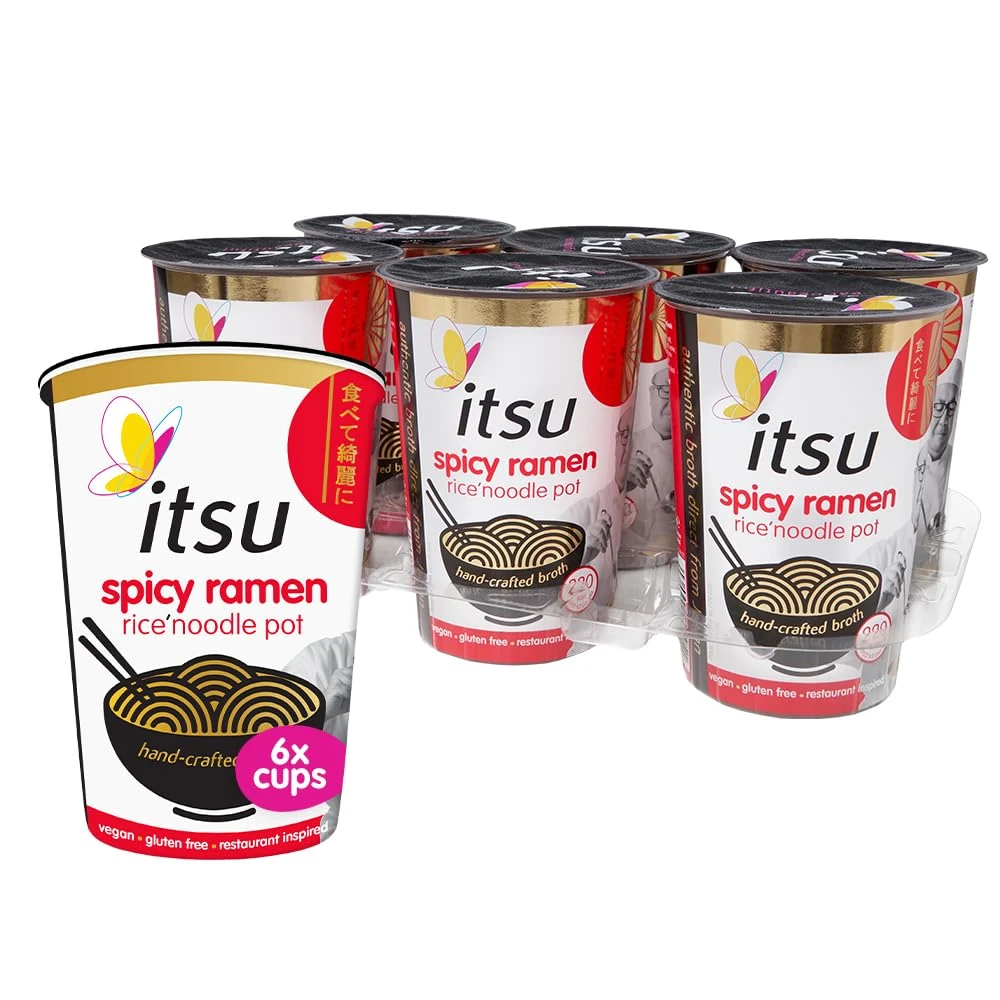 itsu Spicy Ramen Rice Noodles | Instant Noodle Cups | Authentic Japanese Flavour | Vegan & Gluten-Free | Low-Calorie | Quick-to-Make Snack | Pack of 6