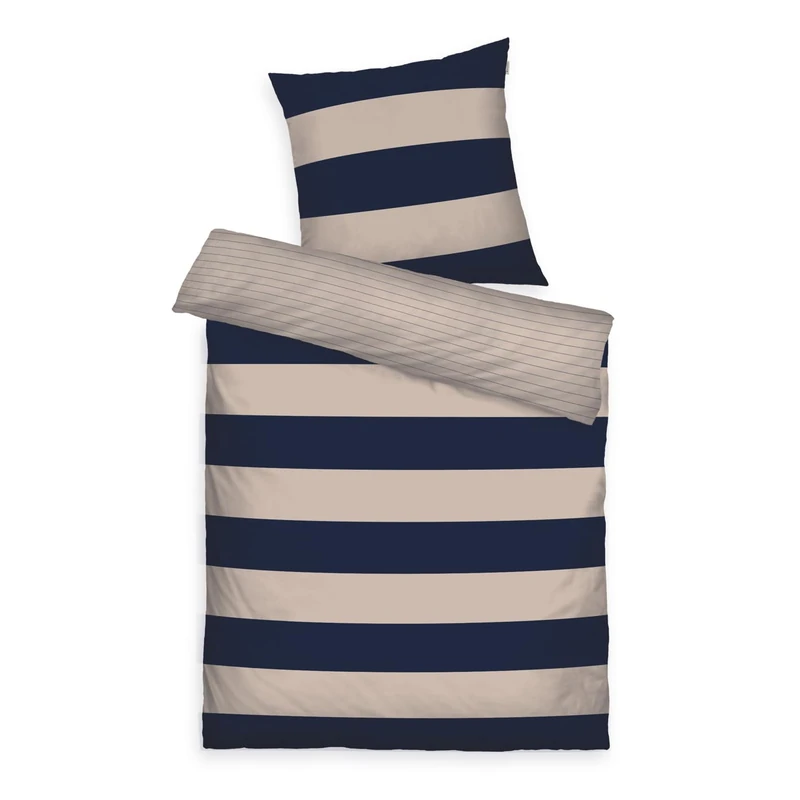 Herding Tom Tailor Bed Linen, Bold Stripes, Dark Navy & Sunny Sand, 80 x 80 cm + 155 x 220 cm, 100% Cotton/Renforcé, with Reversible Motif and Coloured Branded Zip